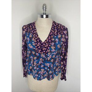 Anthropologie Blouse Top Maroon Pink Floral Shirt Sz S Long Sleeve V Neck